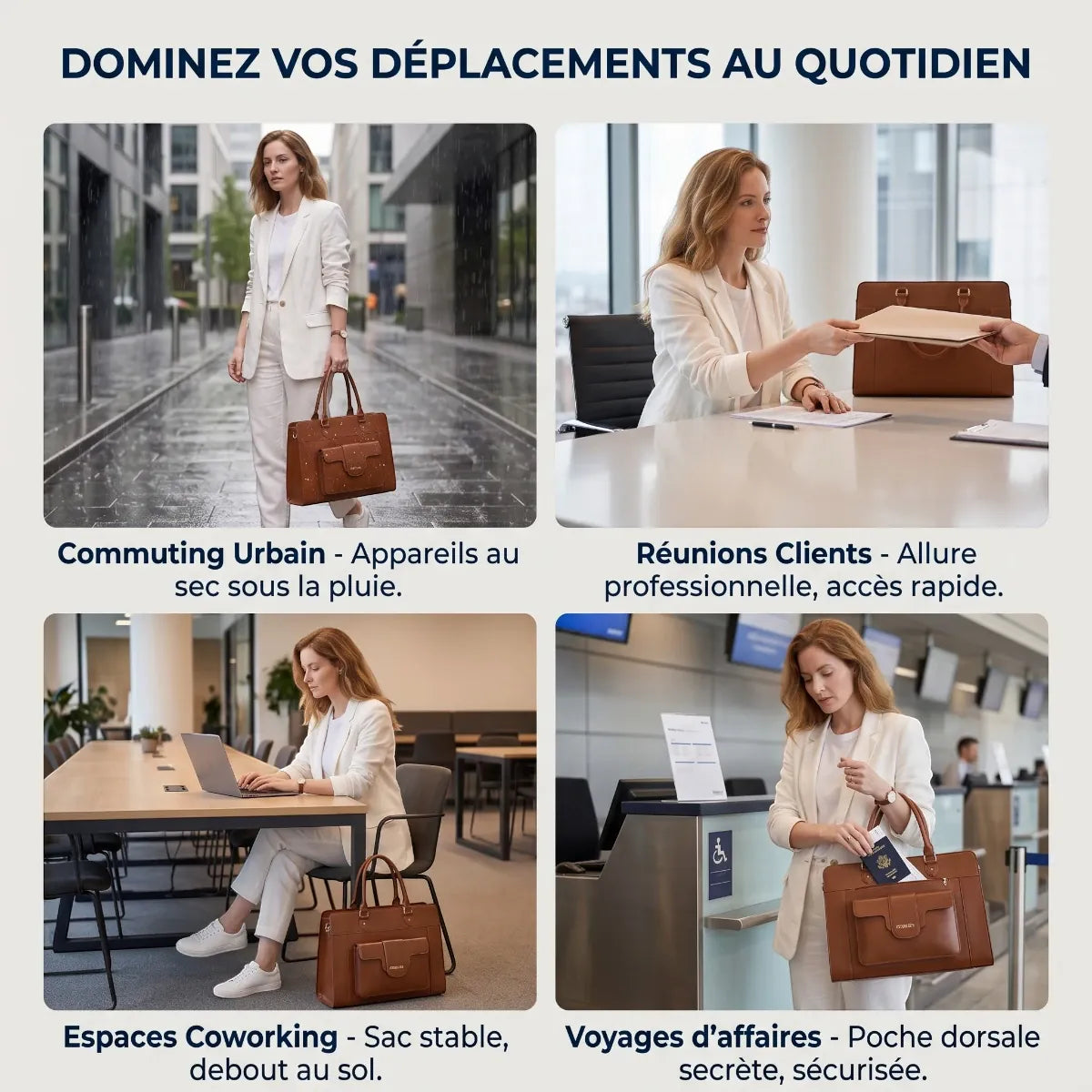 Grille des 4 cas d'utilisation au quotidien du sac a main ordinateur femme Duora