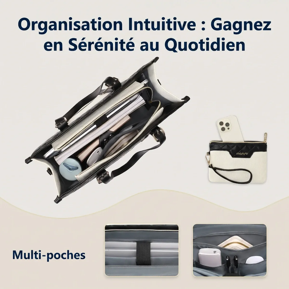 Sac à main ordinateur femme Gemi - Vue intérieure détaillée, multi-poches, compartiment PC et accessoires