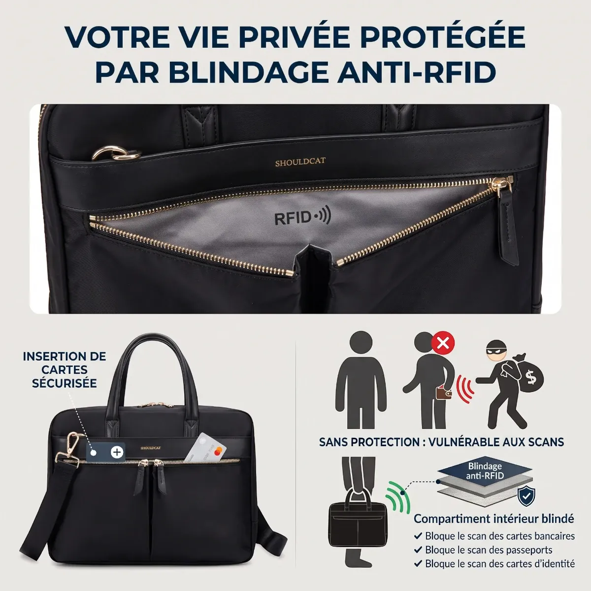 Poche sécurisée anti-RFID du sac a main ordinateur femme Sérénia