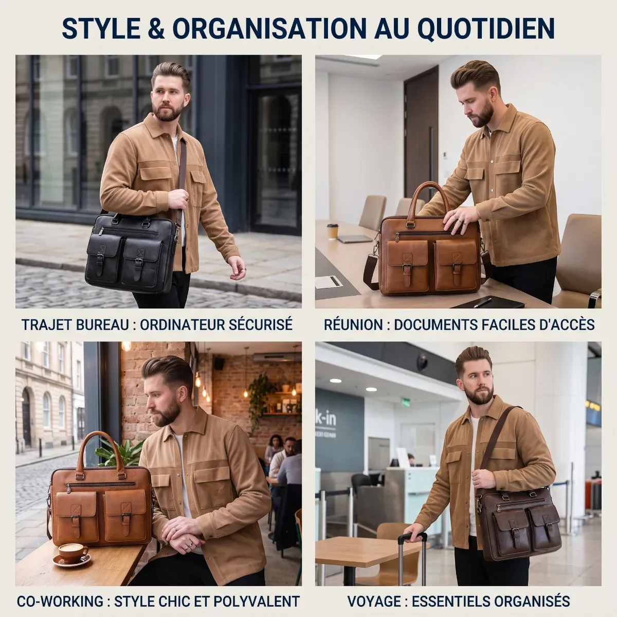 Mosaïque de 4 scénarios d'usage du sac de documents Bifolio : trajet bureau, réunion, co-working et voyage.