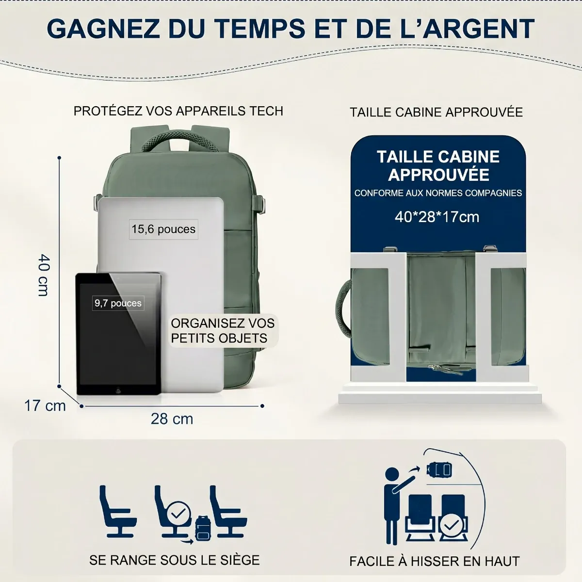 Dimensions exactes en centimètres du sac à dos cabine Nomad Pro 40 et sa compatibilité PC portable 15,6 pouces.