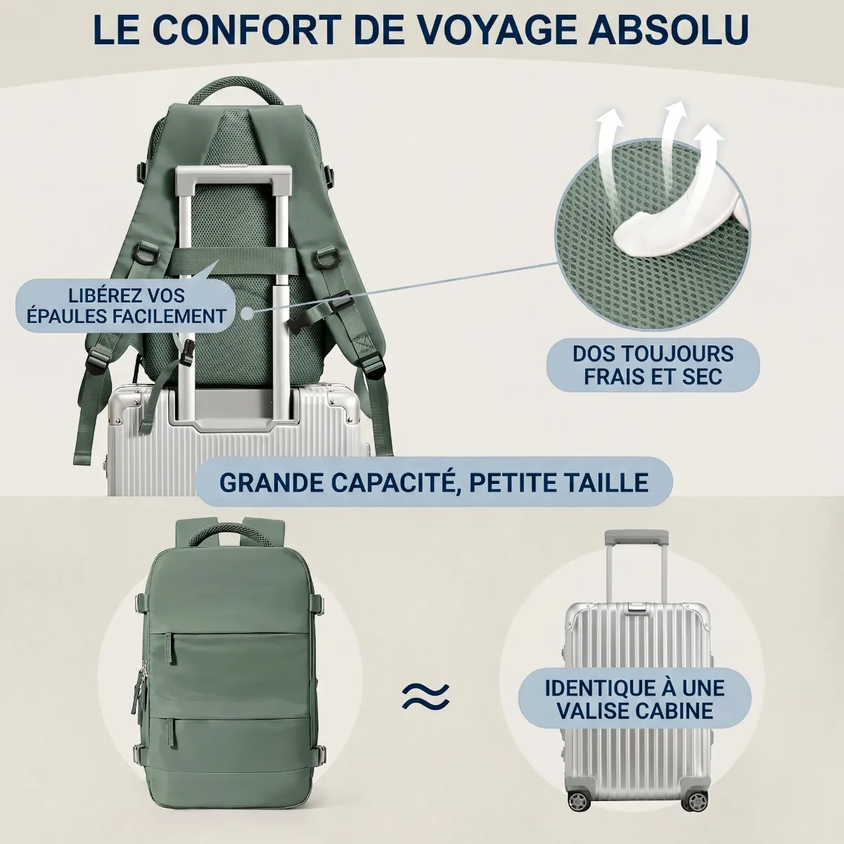 Panneau dorsal respirant en mesh alvéolé et sangle de maintien pour valise du sac Nomad Pro 40.