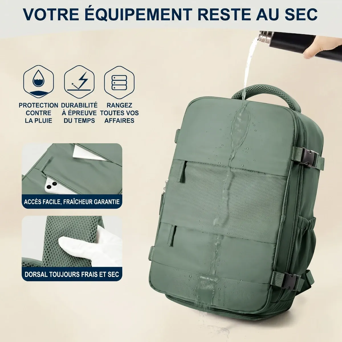 Démonstration de l'étanchéité et de la matière en nylon déperlant du sac à dos ergonomique Nomad Pro 40.