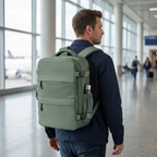 Mise en situation d'un homme portant le sac à dos Nomad Pro 40 vert sauge dans un terminal d'aéroport.