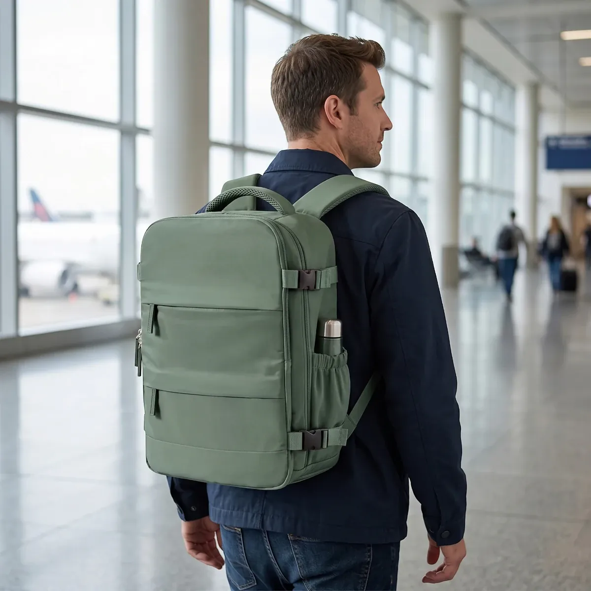 Mise en situation d'un homme portant le sac à dos Nomad Pro 40 vert sauge dans un terminal d'aéroport.