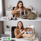 Comparaison avant/après rangement, montrant le sac à dos ordinateur femme Duna organisé.