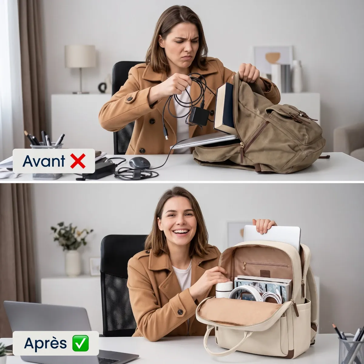 Comparaison avant/après rangement, montrant le sac à dos ordinateur femme Duna organisé.
