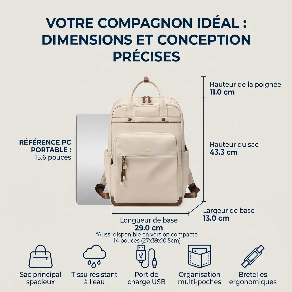Dimensions précises en cm et références de tailles du sac à dos ordinateur femme Duna.