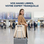 Sac à dos ordinateur femme Duna attaché à une valise à l'aéroport.