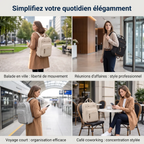 Mosaïque d'utilisations : ville, affaires, train, coworking avec le sac à dos ordinateur femme Duna.