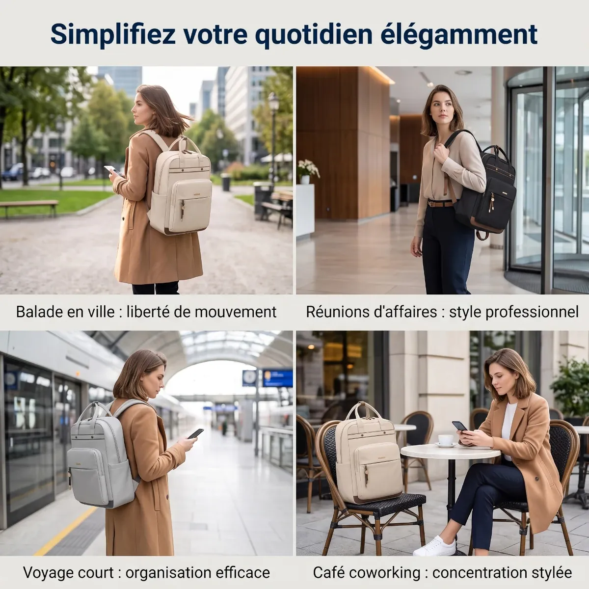 Mosaïque d'utilisations : ville, affaires, train, coworking avec le sac à dos ordinateur femme Duna.