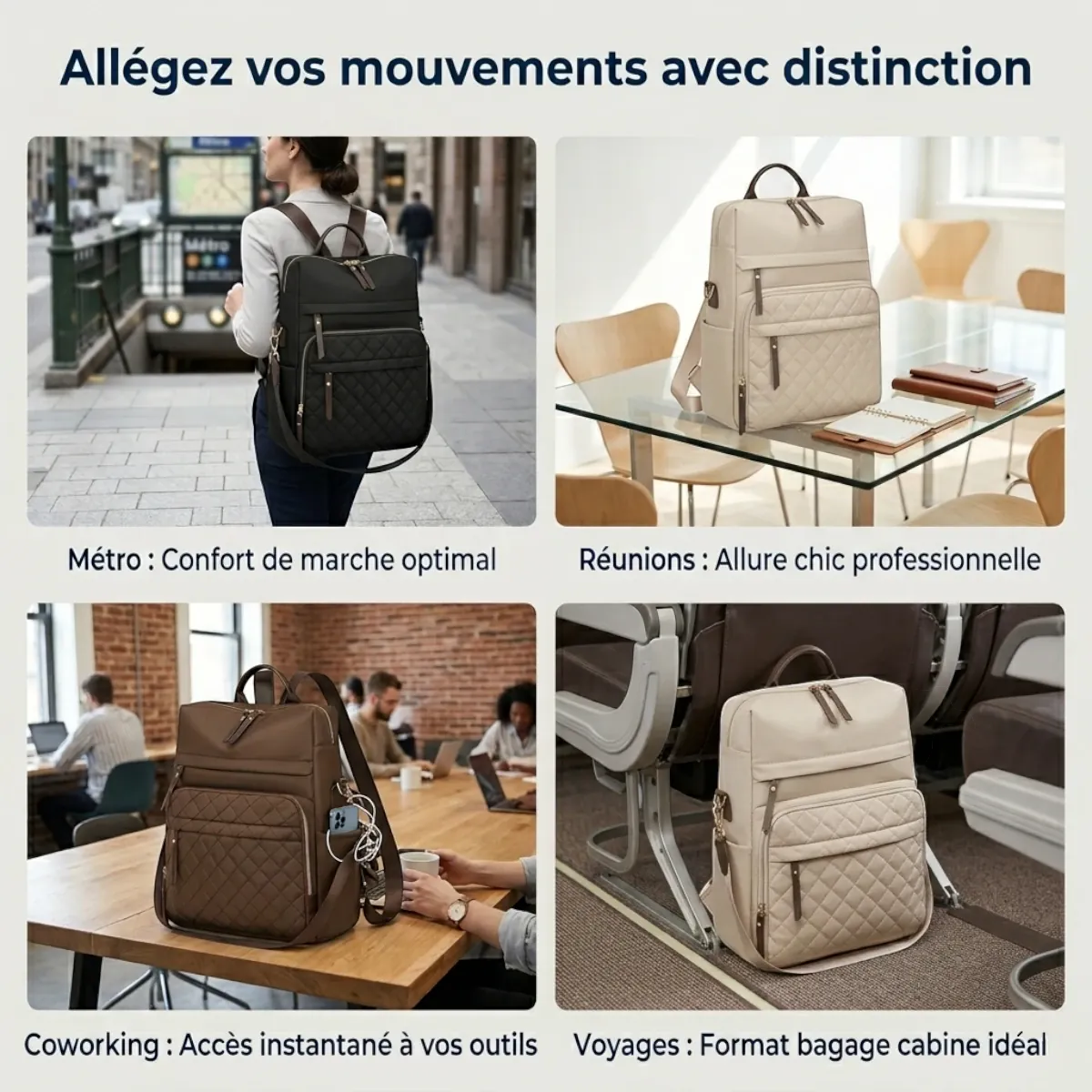 Infographie carrée du sac à dos ordinateur femme Elysée de BureauCosy illustrant ses 4 cas d'utilisation professionnels et ses variantes de couleurs.