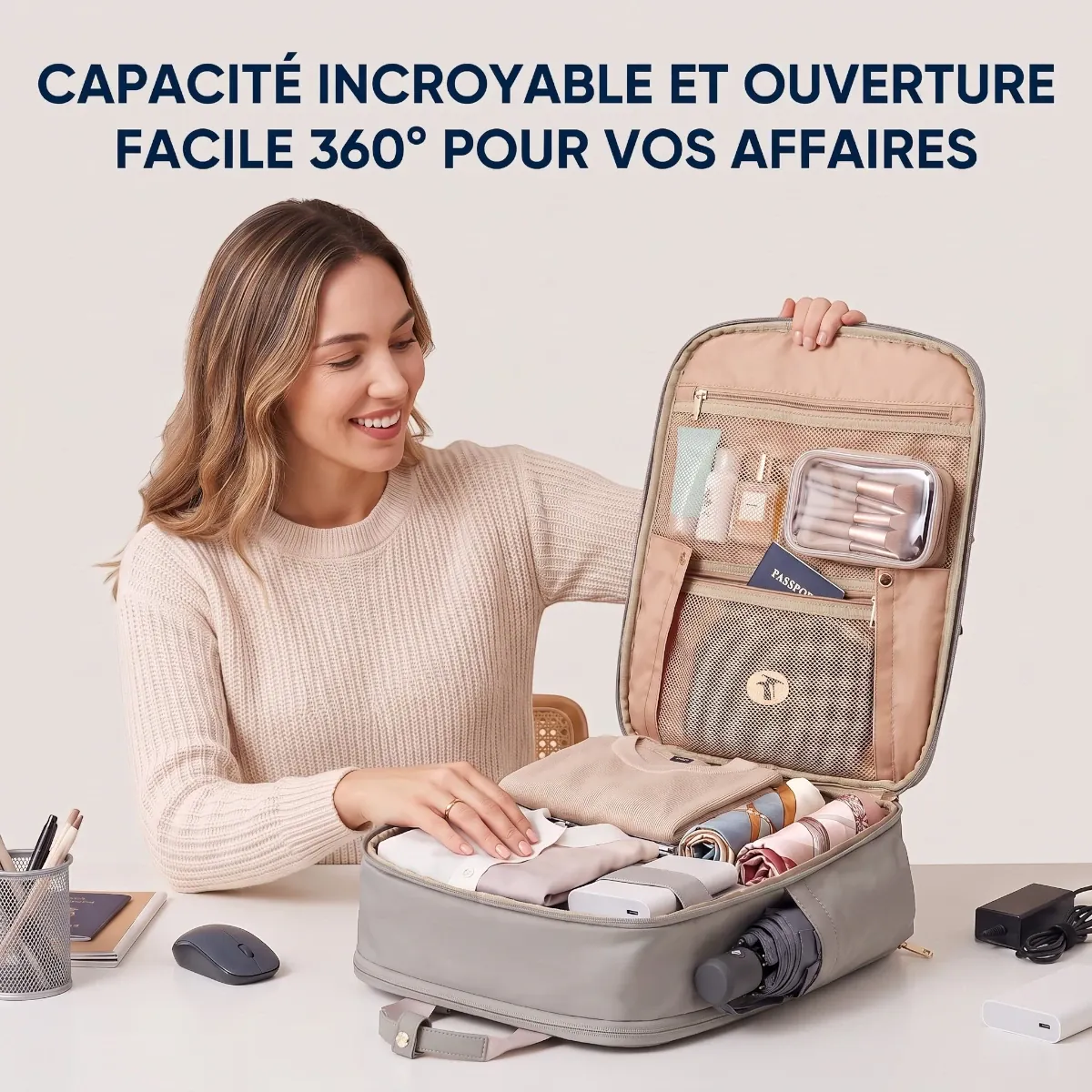 Femme souriante assise à un bureau, ouvrant complètement un sac à dos gris moderne avec une ouverture à 360°. L'intérieur du sac est ultra-organisé avec des compartiments dédiés contenant des vêtements pliés, un ordinateur portable, des articles de toilette, un passeport et des fournitures de bureau, accompagné d'un texte français vantant la capacité incroyable et l'ouverture facile.