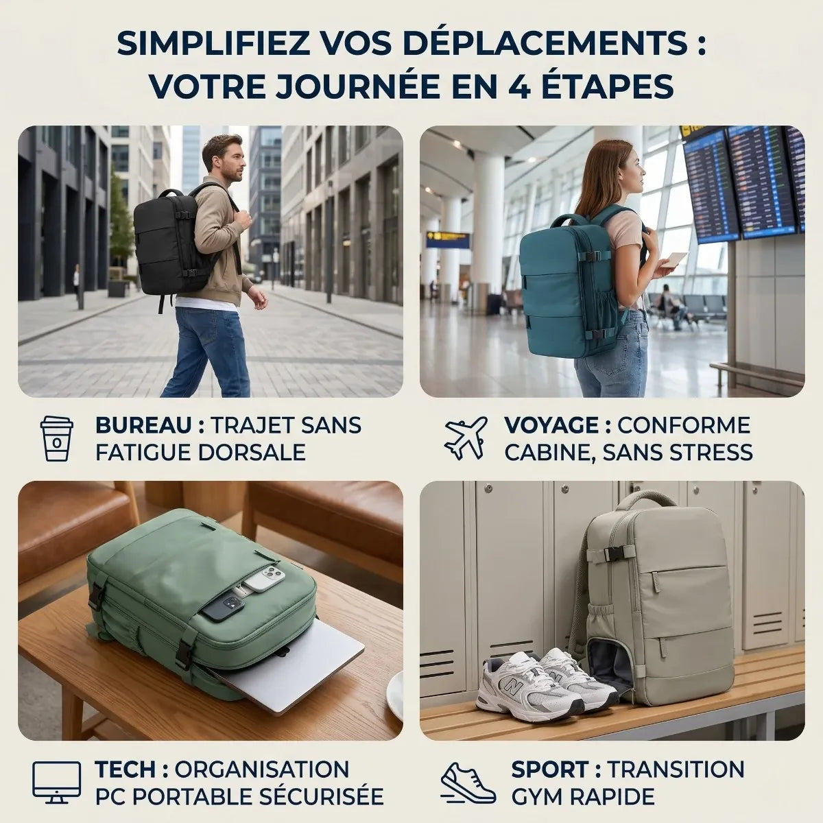 Infographie carrée présentant les 4 cas d'utilisation quotidiens du sac à dos ordinateur pour homme Nomad Pro 40 (bureau, voyage cabine, organisation tech et sport) à travers ses différentes variantes de couleurs.