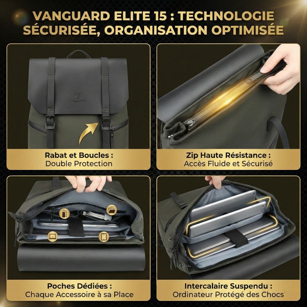 Détails des poches dédiées et du compartiment suspendu du sac à dos Vanguard Elite 15.