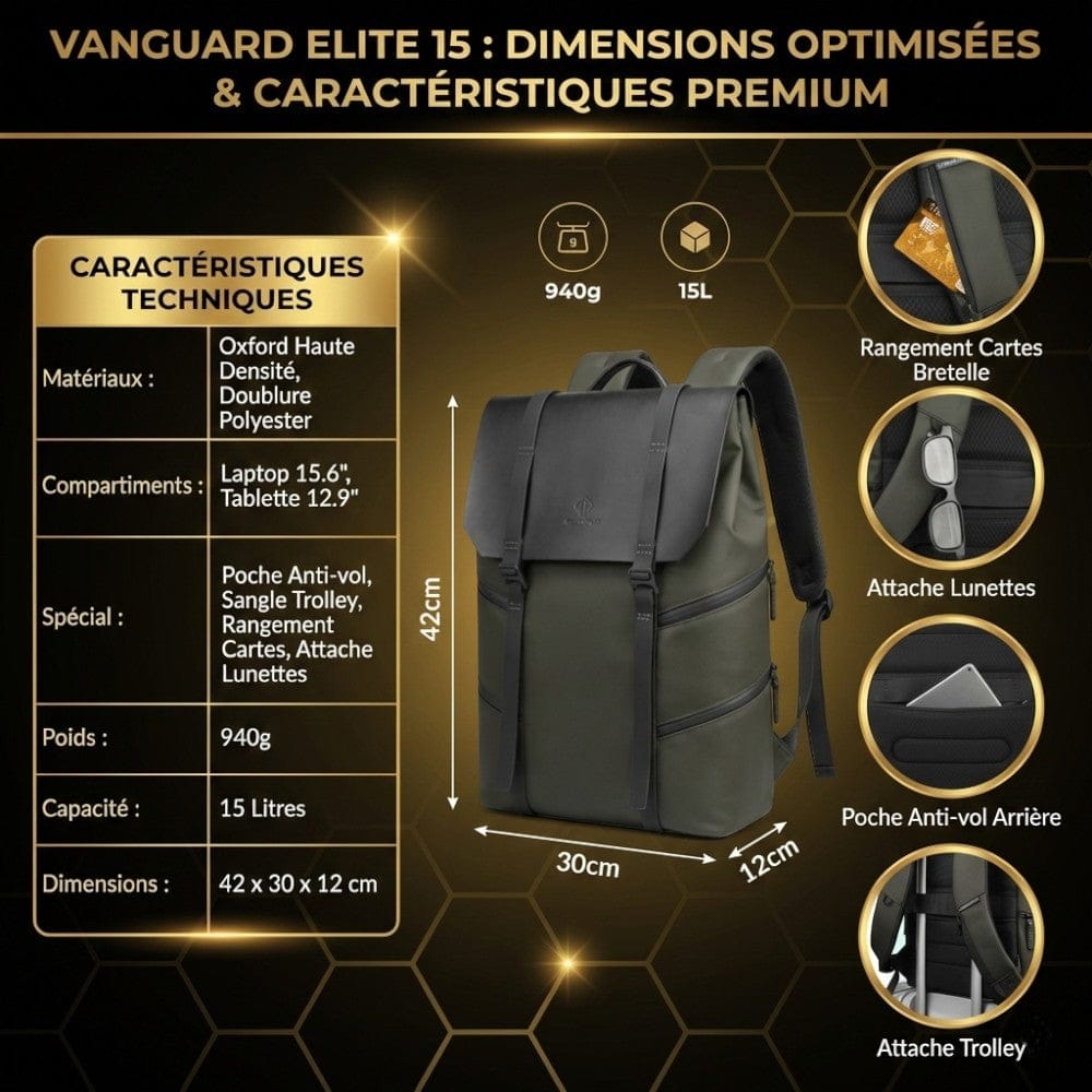 Caractéristiques techniques et dimensions du sac à dos ordinateur Homme Vanguard Elite 15.