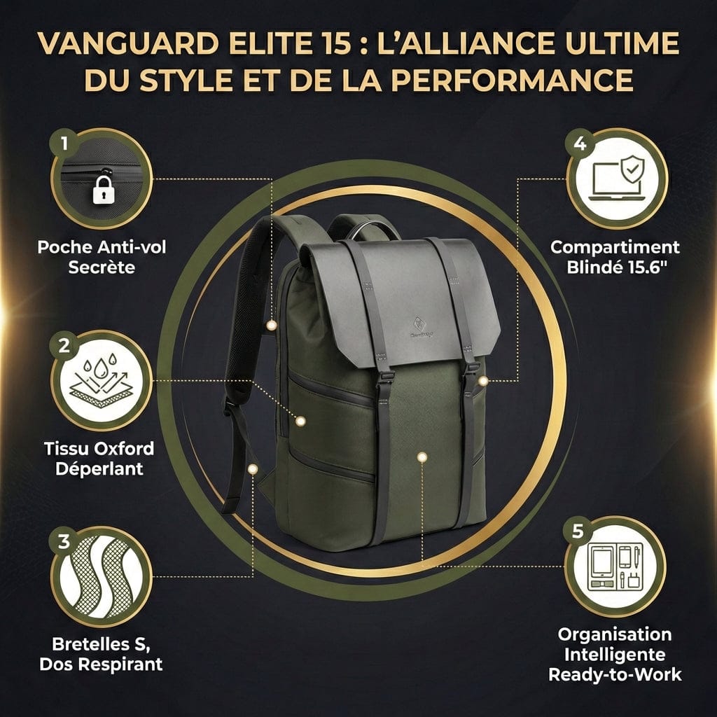 Infographie des 5 points clés du sac à dos Vanguard Elite 15 : sécurité, étanchéité et confort.