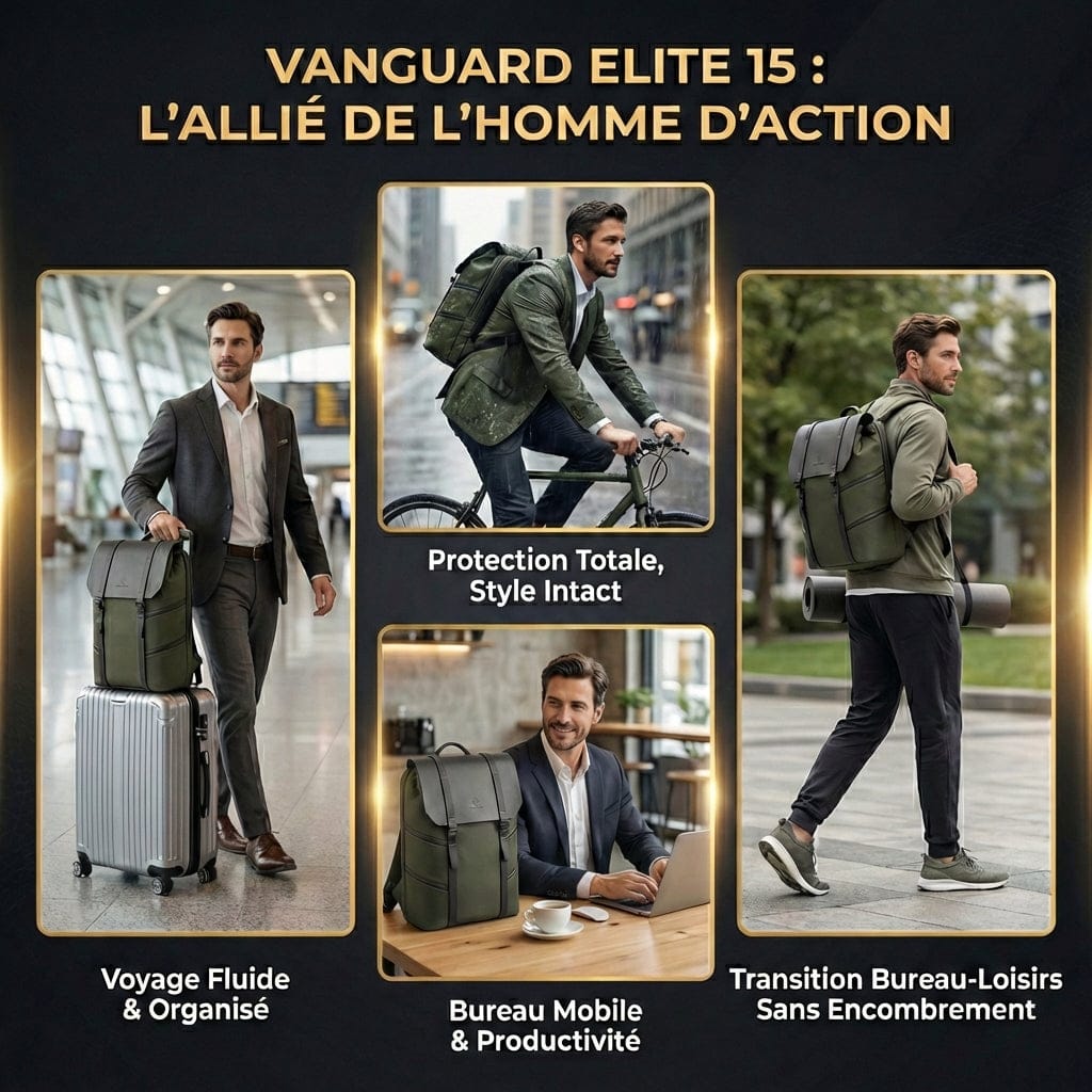 Scénarios d'utilisation du sac à dos Vanguard Elite 15 : voyage, vélo, bureau et loisirs.