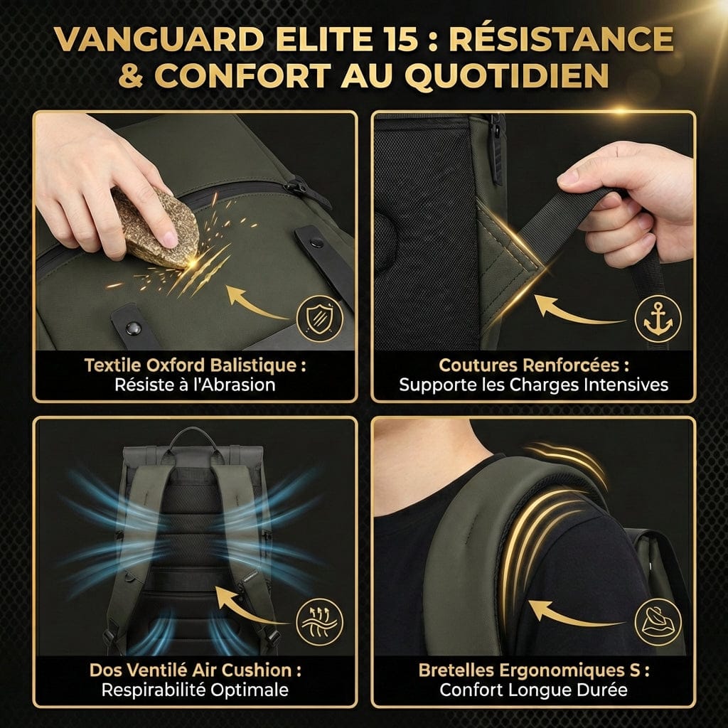 Zoom sur les matériaux Oxford balistique et le dos ventilé du sac à dos Vanguard Elite 15.