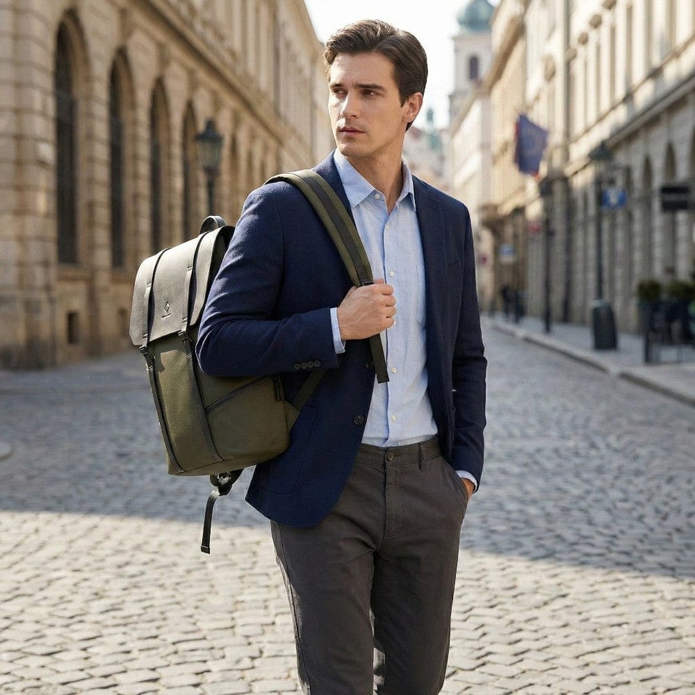 Homme en veste portant le sac à dos ordinateur Vanguard Elite 15 en ville.