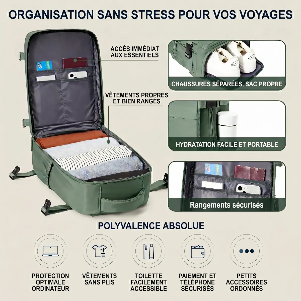 Détails des rangements sécurisés et du compartiment à chaussures isolé du sac de voyage Nomad Pro 40.
