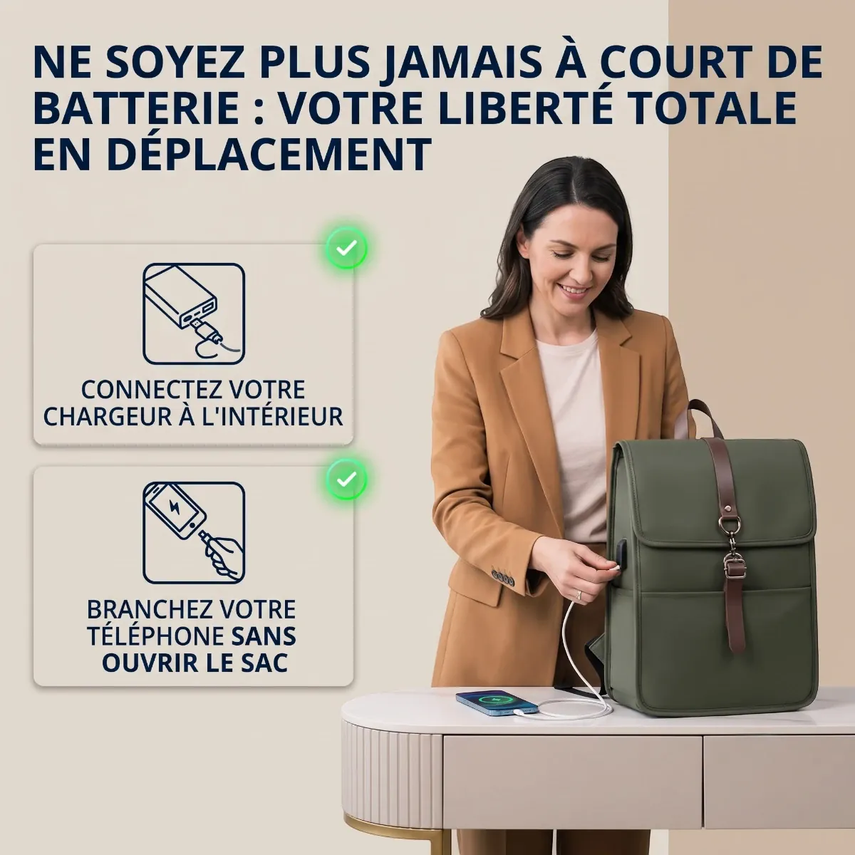 Femme chargeant son téléphone via le port USB externe d'un sac à dos ordinateur organisé vert olive, illustrant la liberté totale en déplacement.