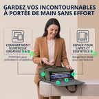Intérieur ouvert d'un sac à dos ordinateur organisé vert olive, montrant des compartiments pour ordinateur, tablette et livre de lecture.