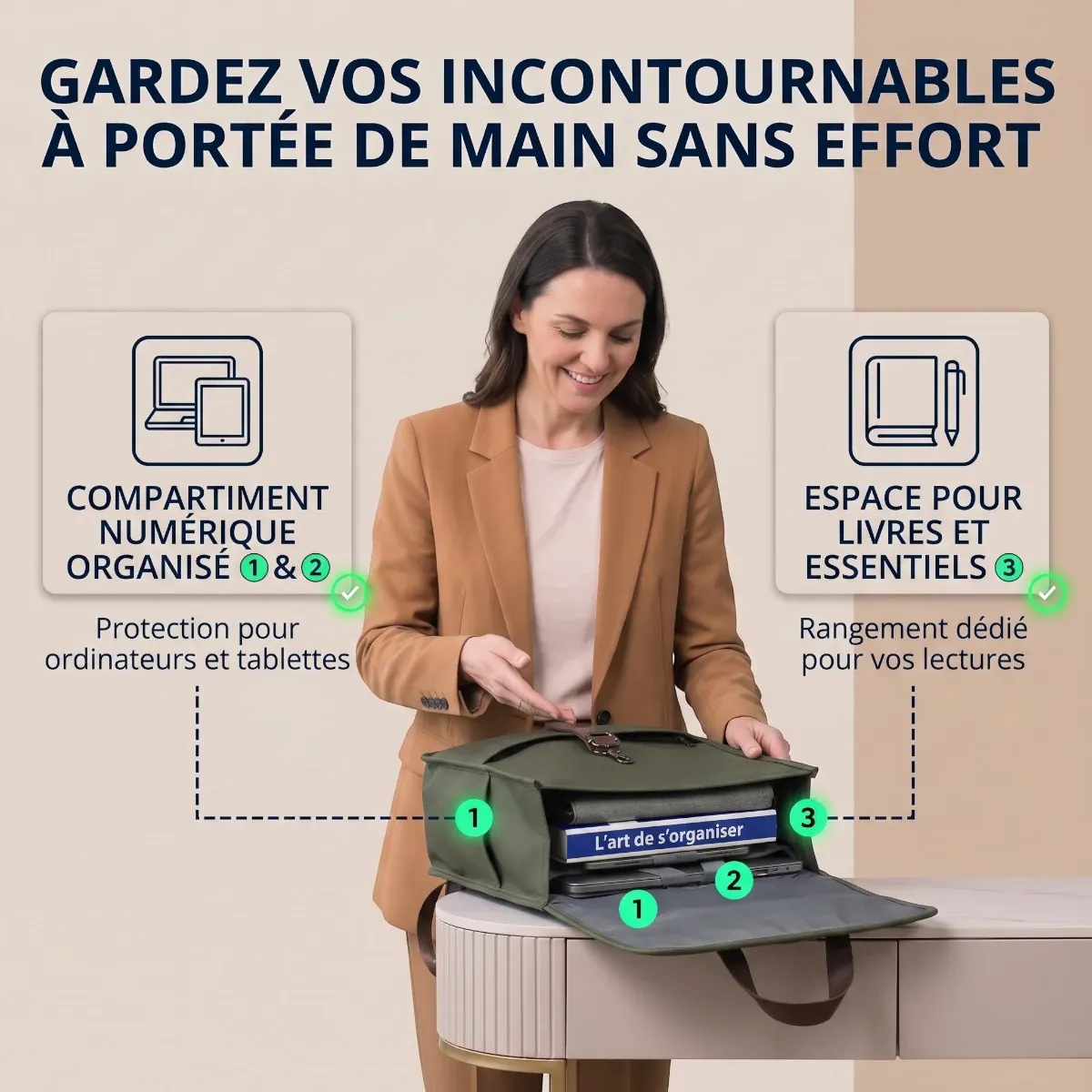 Intérieur ouvert d'un sac à dos ordinateur organisé vert olive, montrant des compartiments pour ordinateur, tablette et livre de lecture.