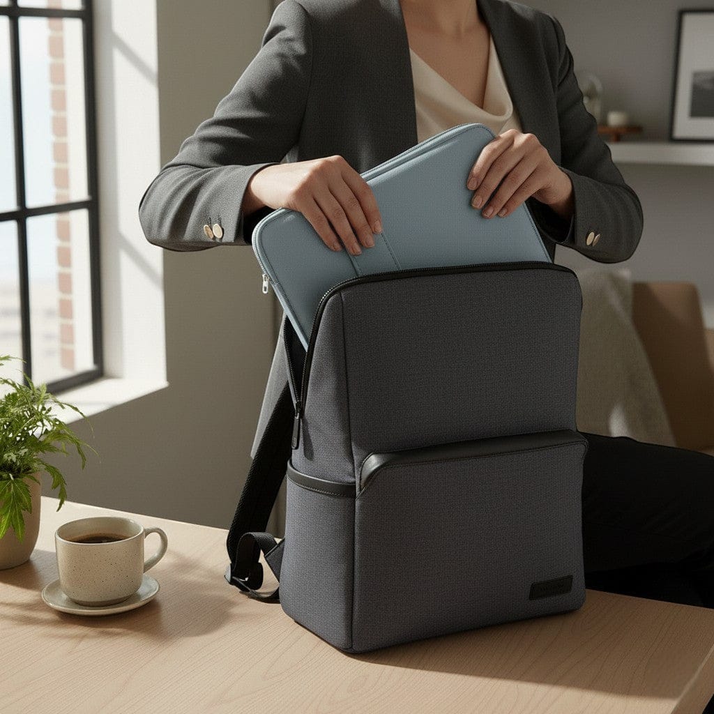 Sac à dos pour ordinateur portable gris avec compartiments de rangement, utilisé par une professionnelle en tenue de travail dans un bureau moderne