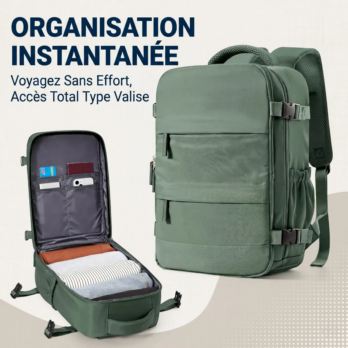 Infographie du sac à dos voyage cabine Nomad Pro 40 mettant en avant son ouverture intégrale à 180 degrés.