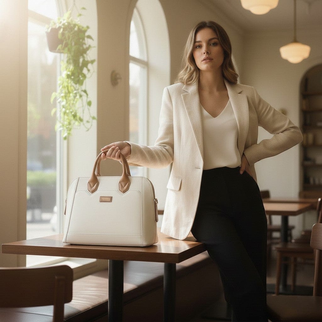 Femme professionnelle en tenue business élégante avec sac à main pour ordinateur portable blanc et beige cuir dans café lumineux moderne