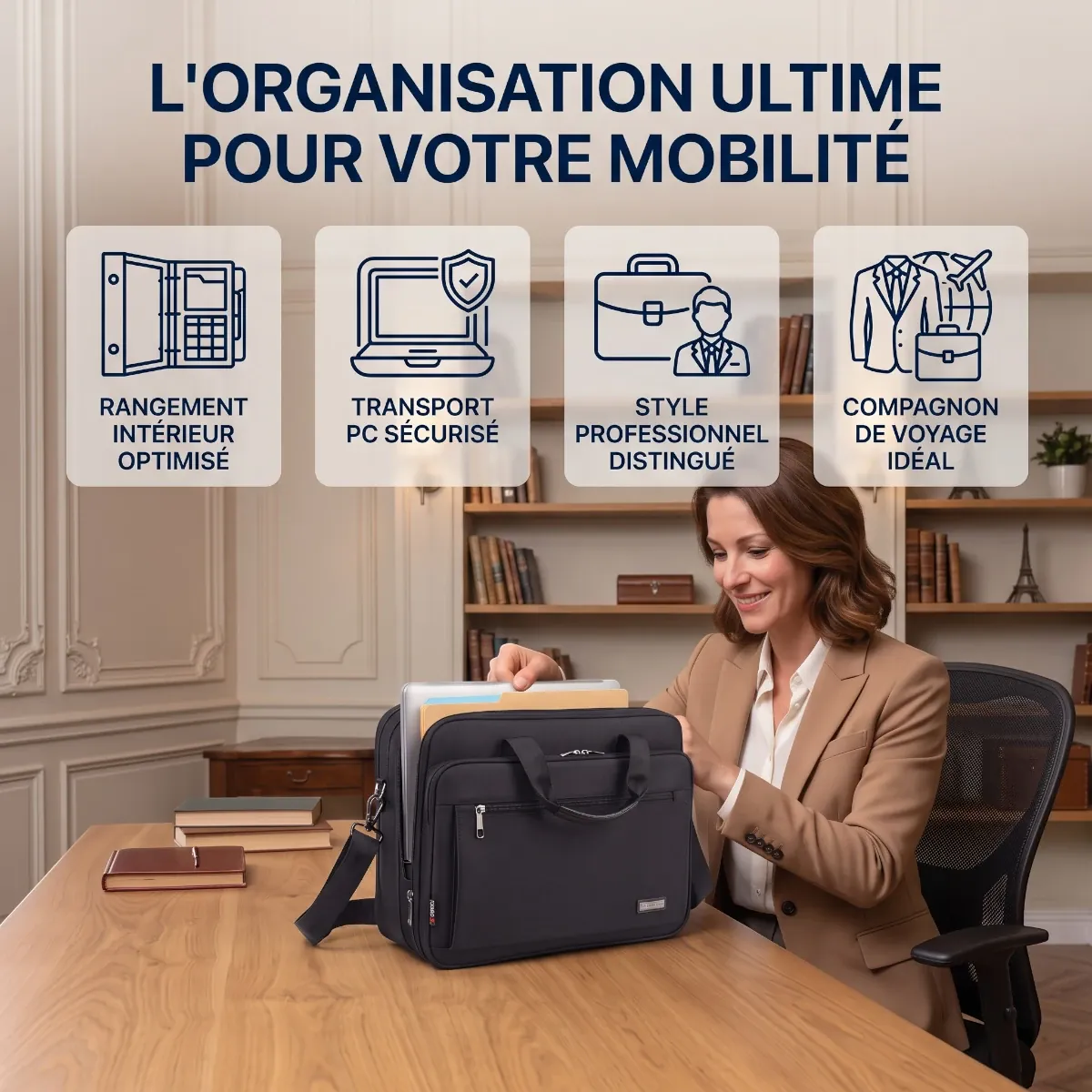 Organisation de bureau avec le sac ordi femme FlexoMax, bien plus professionnel qu'un sac à dos ordinateur femme classique.