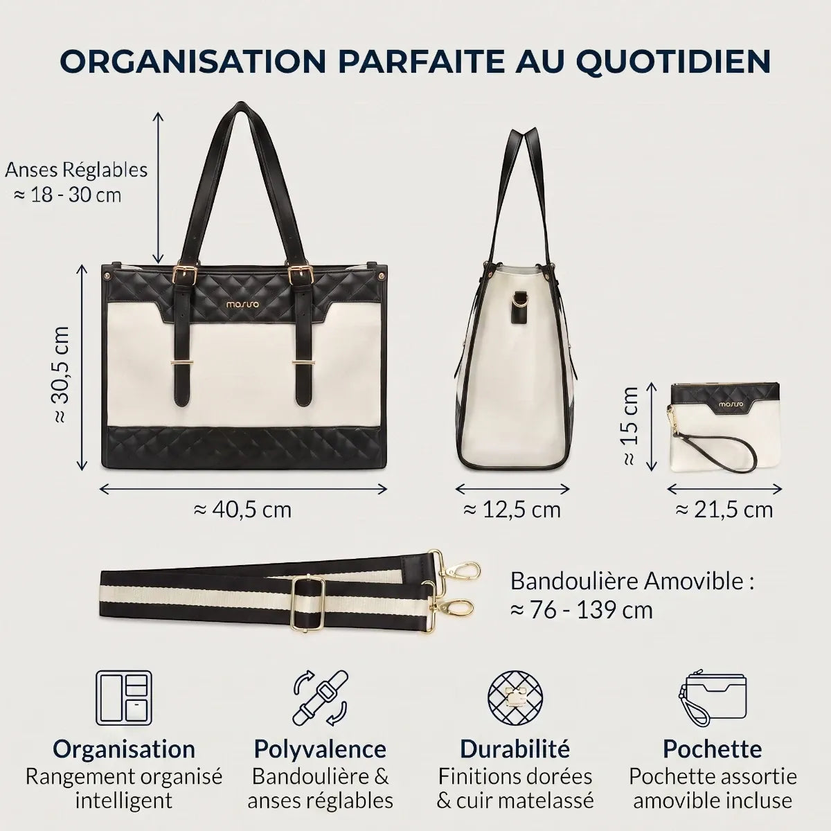 Sac ordi femme Gemi - Dimensions précises en cm (40,5 x 30,5 x 12,5) et caractéristiques (Anses réglables, bandoulière amovible)