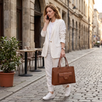 Femme professionnelle portant le sac ordi femme Duora marron en ville
