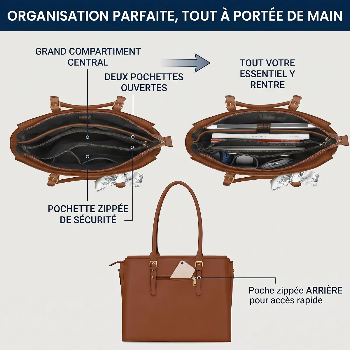 Vue intérieure du sac ordi femme Floralys montrant les rangements et le compartiment matelassé.