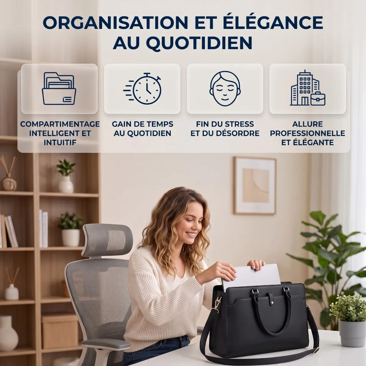 Infographie des bénéfices clients du sac ordi femme Kalea