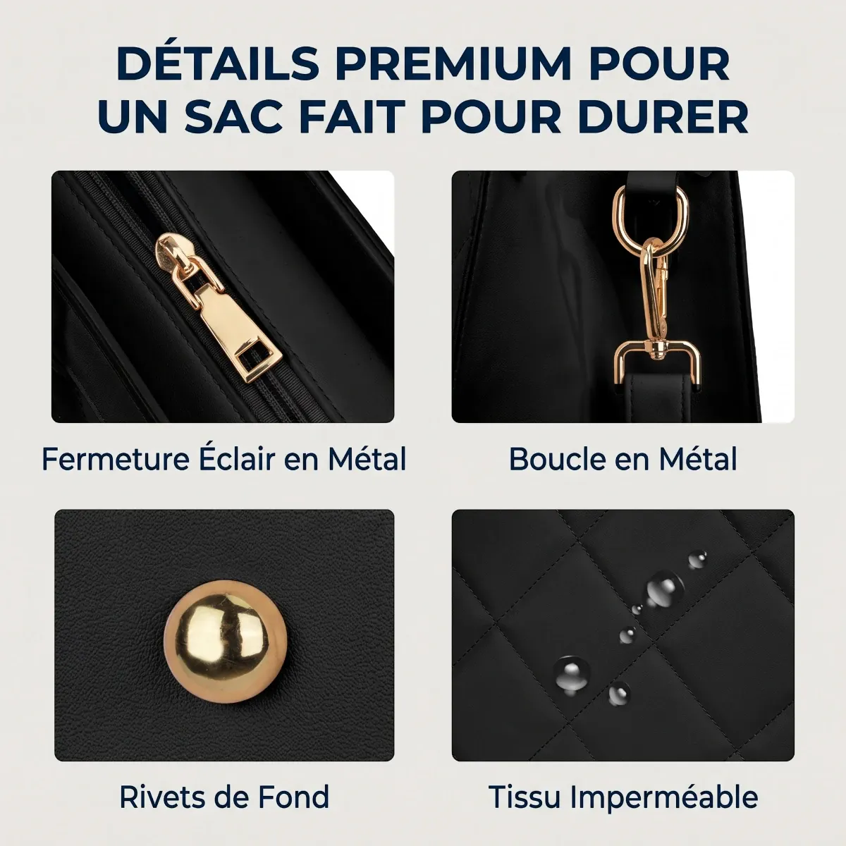 Zoom sur les détails haut de gamme du sac ordi femme Matelya cuir PU imperméable et rivets