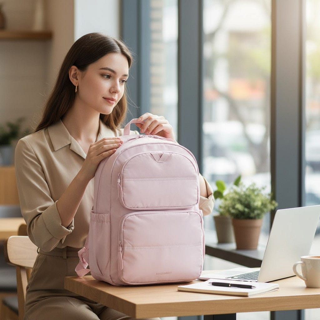 Jeune femme au bureau utilisant son ordinateur portable à côté de son sac ordi femme Nuage.
