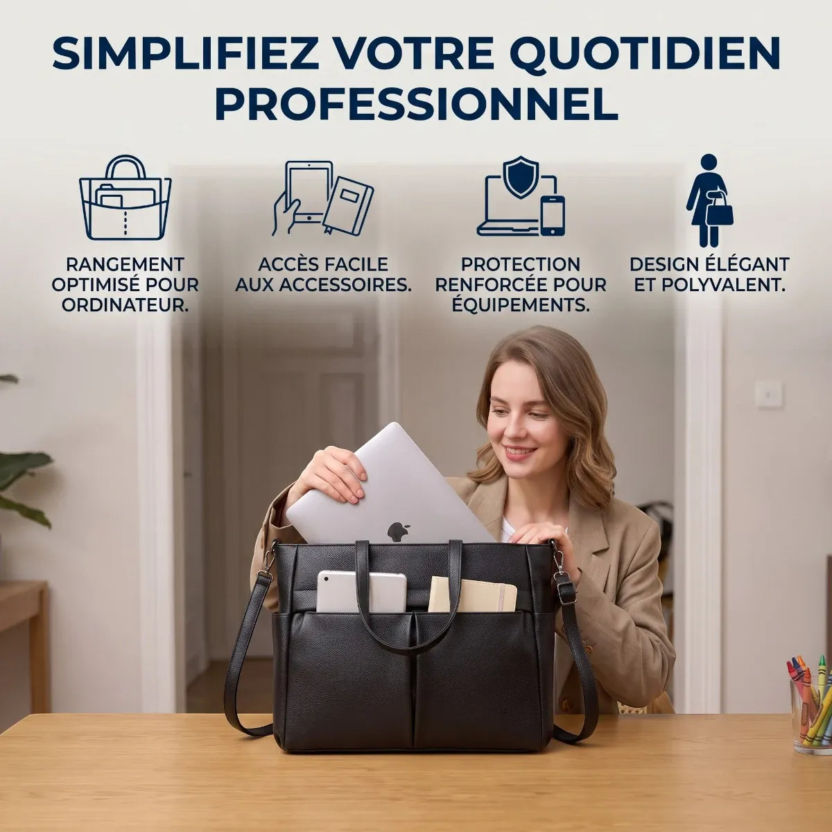 Infographie montrant les bénéfices du sac ordi femme Optima