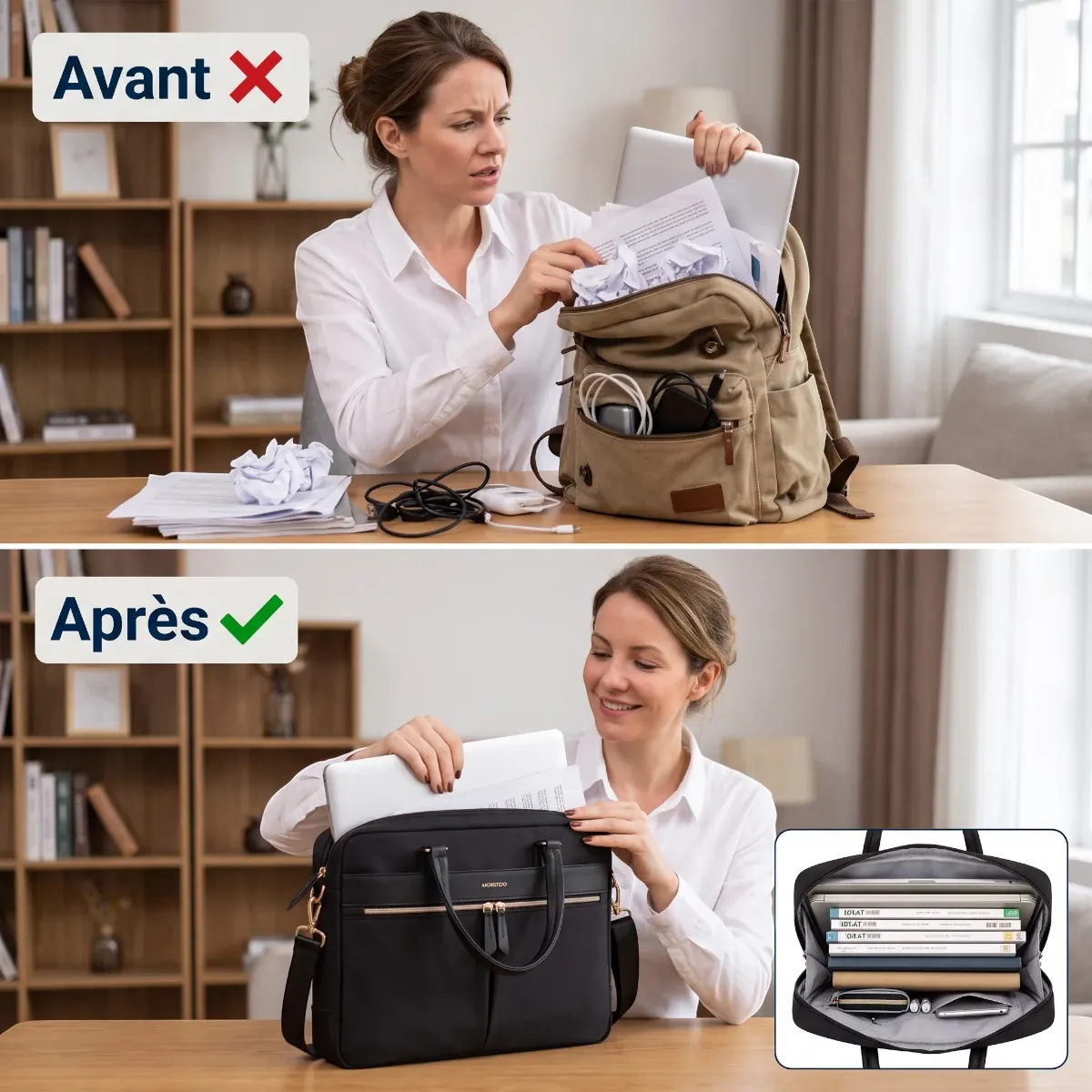 Comparatif organisation d'un sac ordi femme classique vs Sérénia