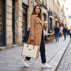 Femme élégante en trench-coat portant le sac ordi femme MISSNINE en toile écrue dans une rue de ville, tenant un café.