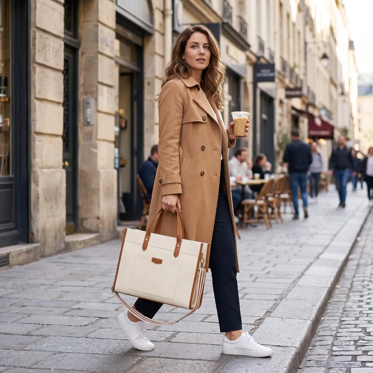 Femme élégante en trench-coat portant le sac ordi femme MISSNINE en toile écrue dans une rue de ville, tenant un café.