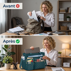 Comparatif sac ordi femme désordonné avant après rangement avec Versalia