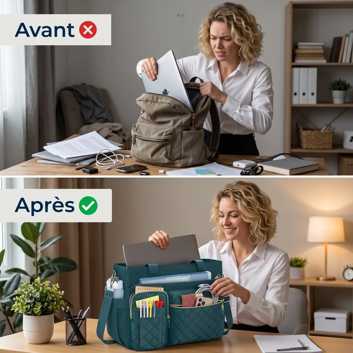 Comparatif sac ordi femme désordonné avant après rangement avec Versalia
