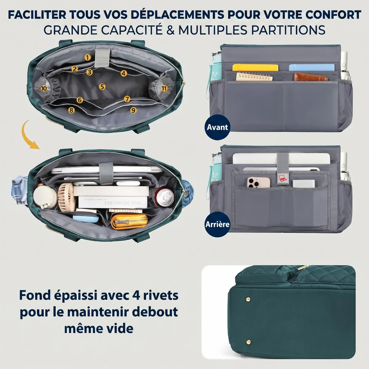 Rangement intérieur grande capacité et fond renforcé du sac ordi femme Versalia