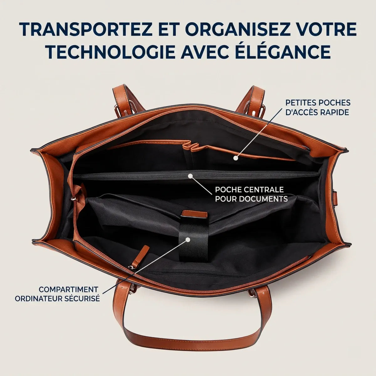 Organisation intérieure du sac ordinateur femme Archia et compartiment PC