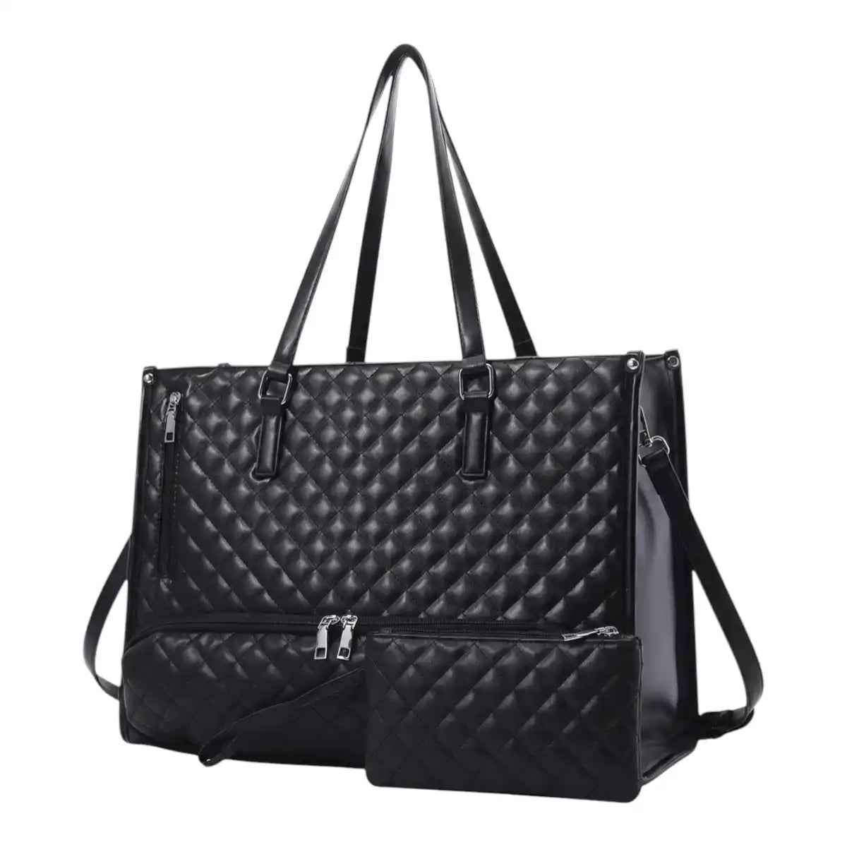 Sac ordinateur pour femme Dualia noir matelassé en studio avec pochette assortie