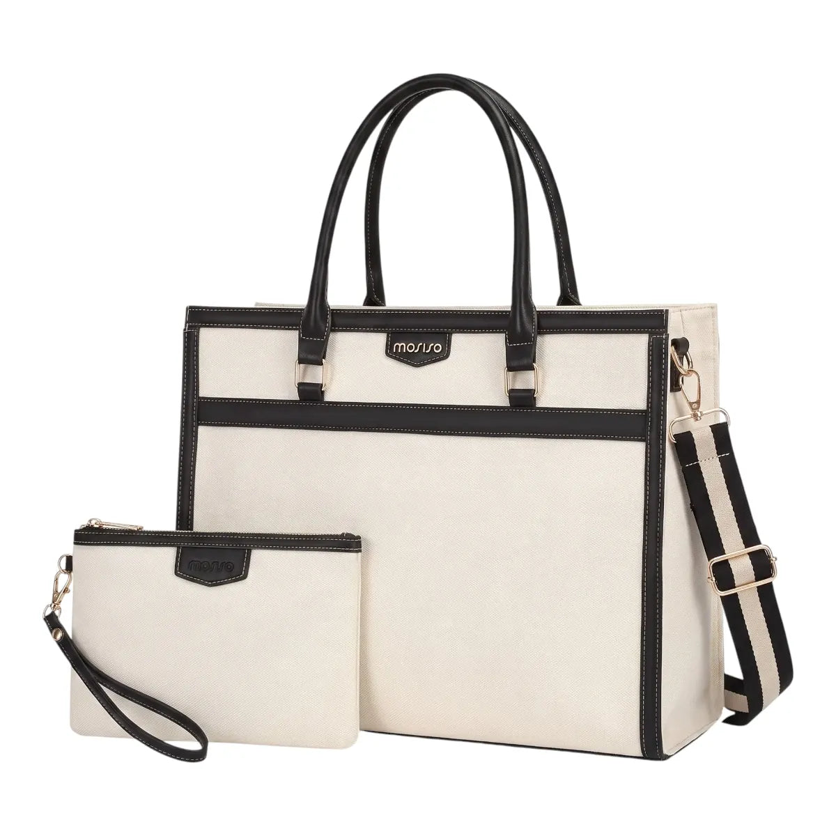 Sac ordinateur femme Duetto beige et noir avec pochette assortie sur fond blanc