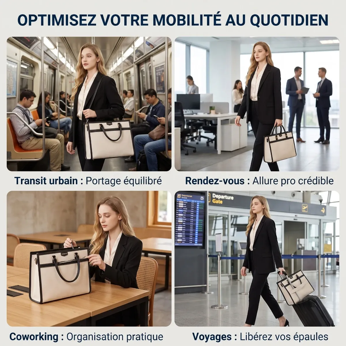 Guide des cas d'utilisation du sac ordinateur femme Duetto en transit, bureau et voyage