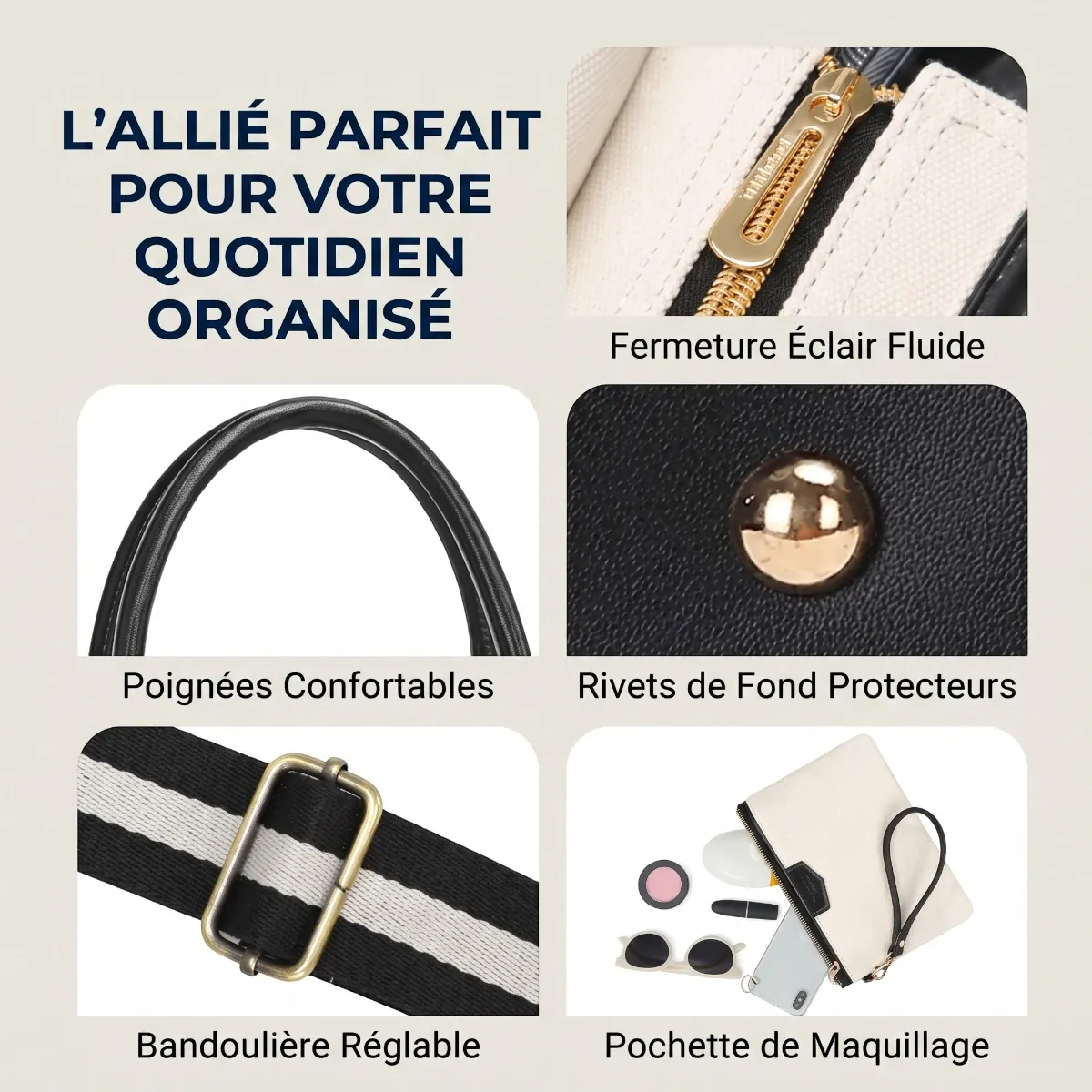 Détails des finitions, fermetures et pochette maquillage de la sacoche ordinateur femme Duetto